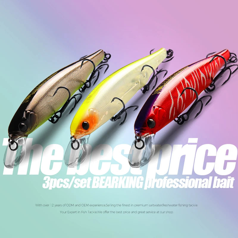 BEARKING best price 3pcs/set 11cm 15g dive 1.5m fishing gear shone lures minnow crank fixed weight wobbler bait isca artificial
