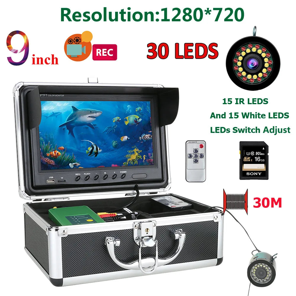 9 inch DVR Fish Finder Underwater Fishing 1080P Camera 16G HD 1280*720 Screen Double LEDs 15M 30M Camera For Ice Sea Fishing