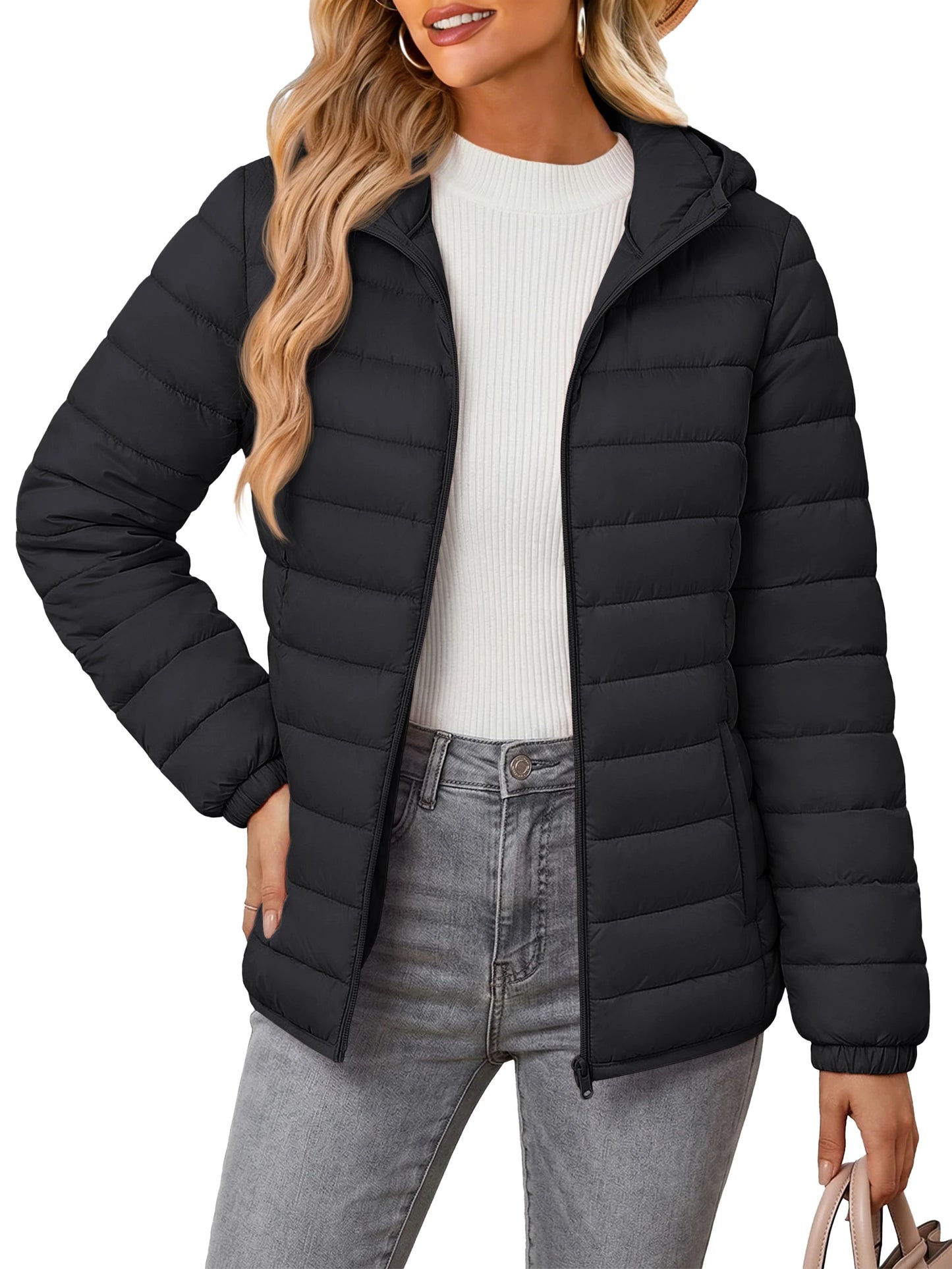 TACVASEN Warm Puffer Jackets Hooded Womens Full Zip Multi-pockets Quilted Jacket Winter Waterproof Camping Down Coat Lightweight