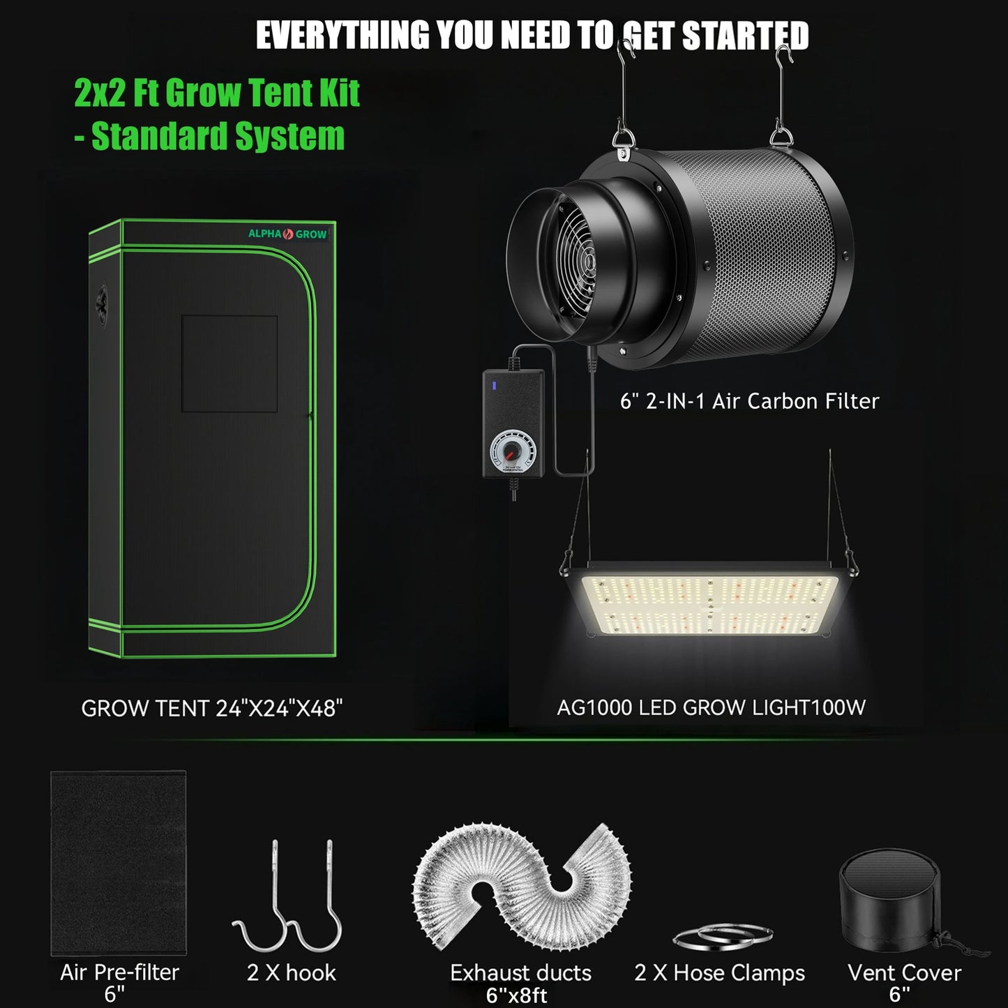 ALPHAGROW Elite 2x2 Grow Suite: AG1000 LED, 6" 2-in-1 Ventilation, Grow Tent Package | 100W Dimmable Full Spectrum, Australian C