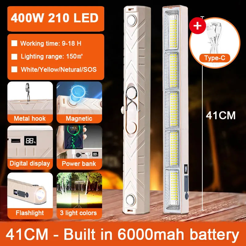 108/156/210 LED Magnetic Work Light with Hook USB Rechargeable Portable Underhood Work Lamp Bar For Car Repair Outdoor Lighting