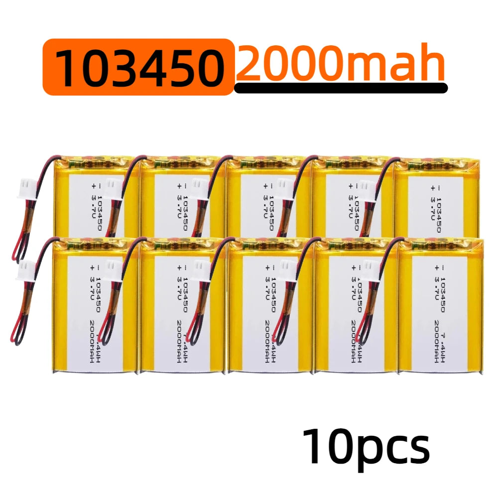 2000mAh 103450 Lithium Polymer Battery 3.7V with JST PH 2.0 Connector – Rechargeable Battery for RC Toys, Electronics