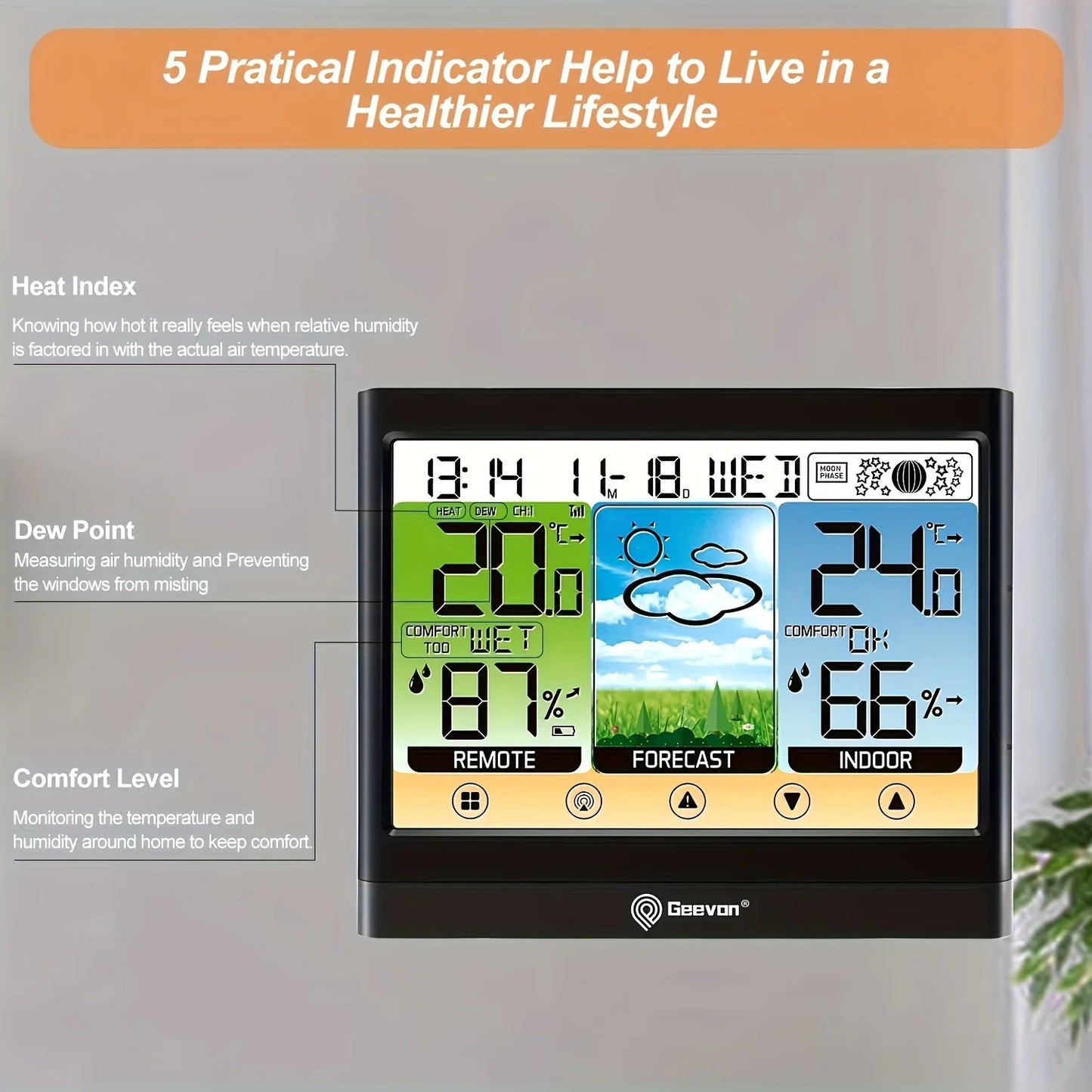 Geevon Weather Station Wireless Indoor Outdoor Thermometer Hygrometer Touch LCD Display with Alarm Clock Adjustable Backlight