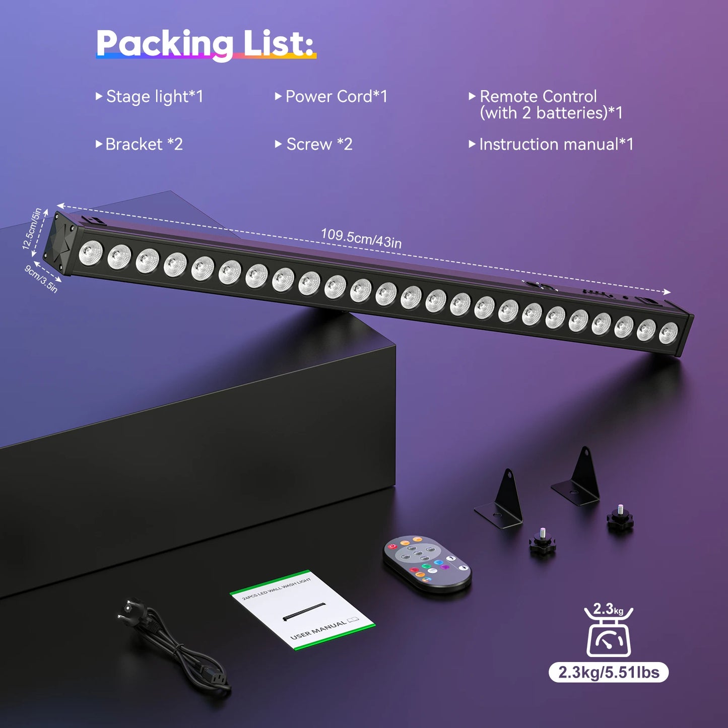 U'King 4Pcs 60W RGB 24LED Wall Wash Light Bar With Remote Controller DMX Stage Light Bar For Wedding Church Music Dance DJ Party