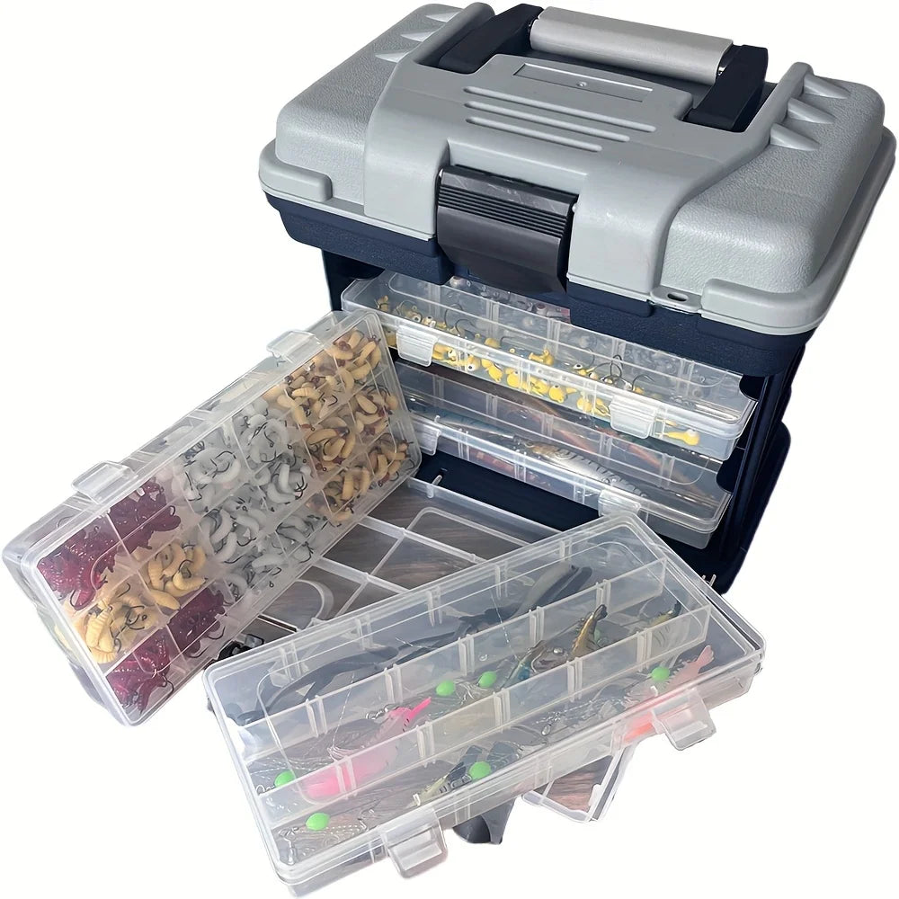 A portable fishing tackle box, a four-layer bait box, a grey fishing accessory storage box, a plastic fishing box (blank fish bo