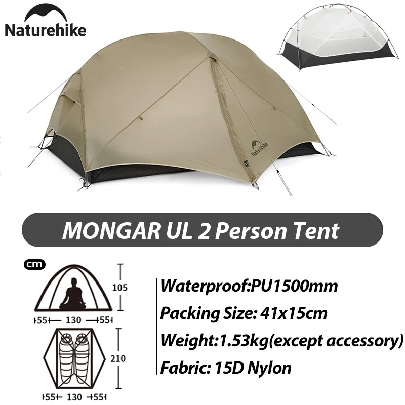 Naturehike Mongar Pro 123 Ultralight Three Season Outdoor Waterproof 20D Nylon Hiking Tent 2 Person Rucksack Camping Riding Tent