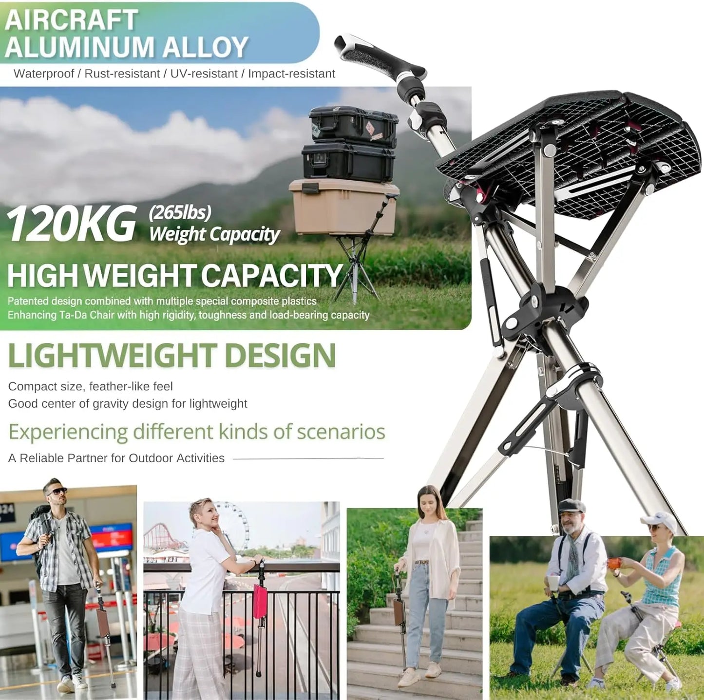Portable Trekking Hiking Pole with Foldable Seat, Lightweight Aluminum Walking Stick for Easy Carry and Storage