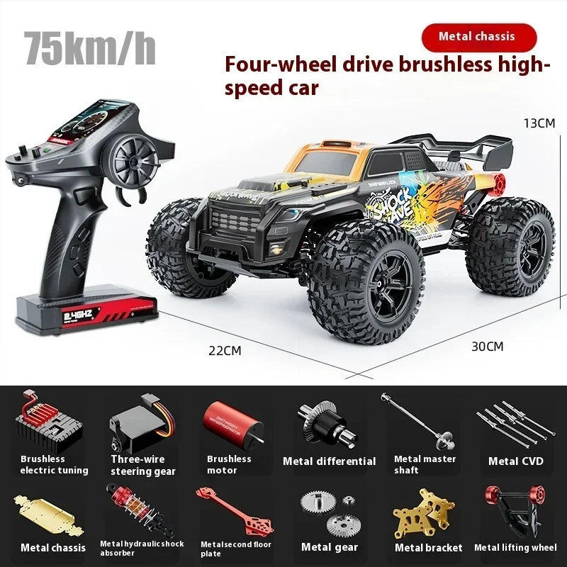 Hot 75km/h High-speed 4WD Rc Truck,1:16 Brushless Off-road Rc Cars,Alloy Chassis Bigfoot Monster Truck,Toys for Boys,funny Gift