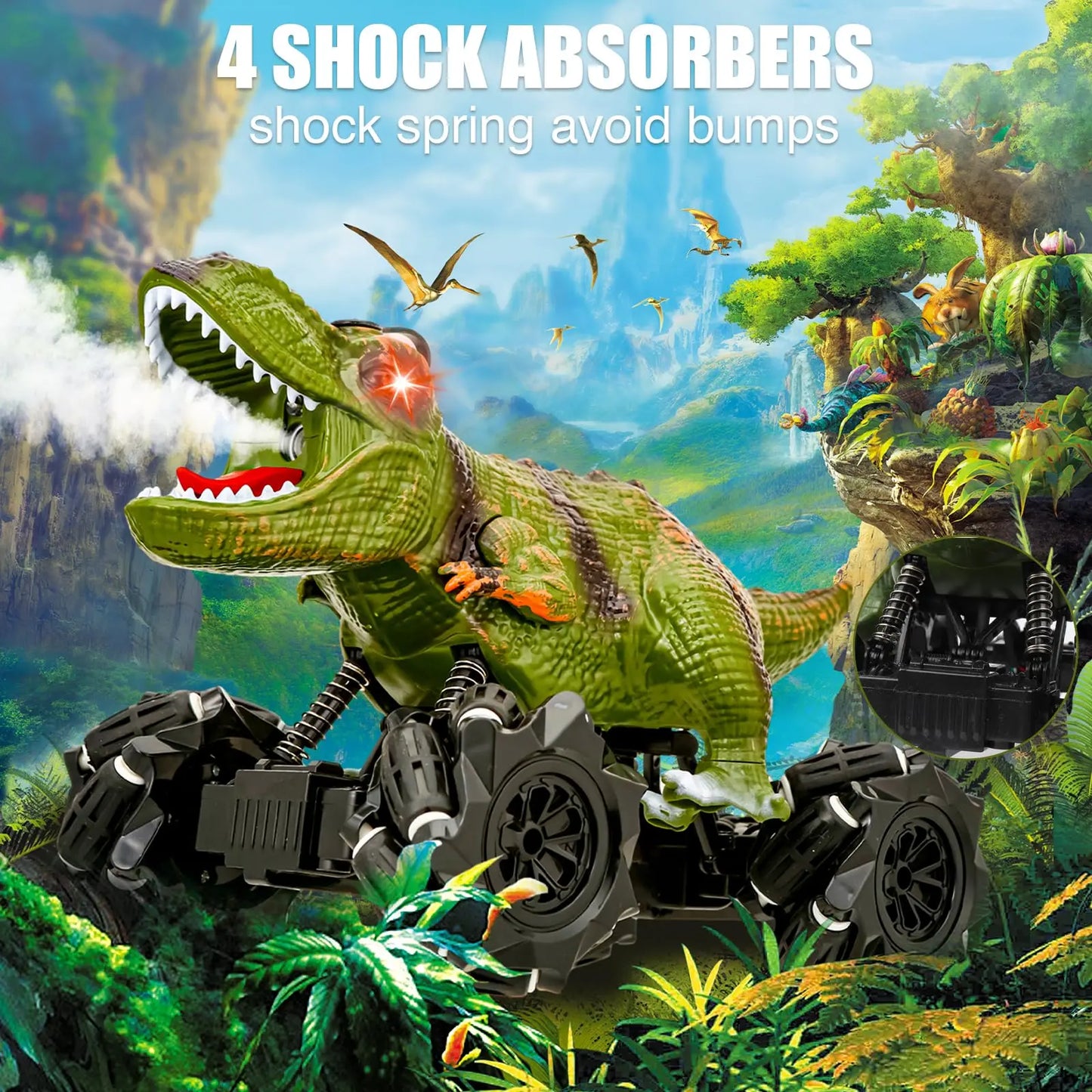 Dinosaur Rc Car With Dual Battery, Dinosaur Monster Trucks For Boys With Music Light SprayMist.Dinosaur Toys For Kids, Birthday