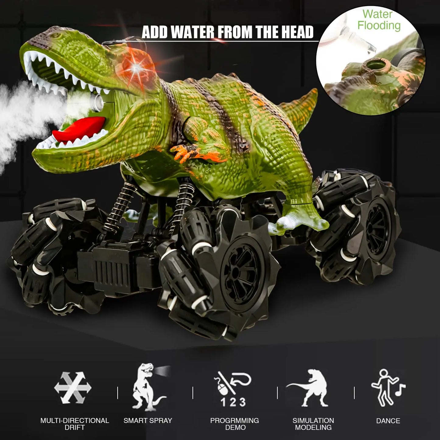 Dinosaur Rc Car With Dual Battery, Dinosaur Monster Trucks For Boys With Music Light SprayMist.Dinosaur Toys For Kids, Birthday