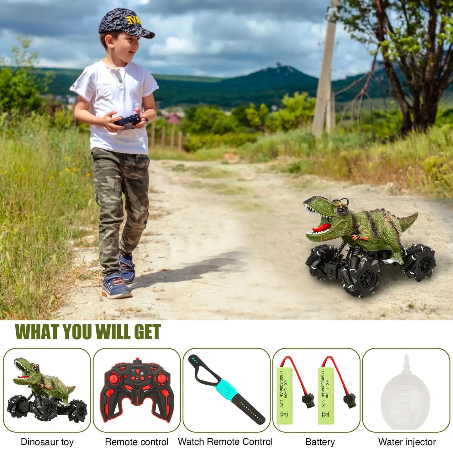 Dinosaur Rc Car With Dual Battery, Dinosaur Monster Trucks For Boys With Music Light SprayMist.Dinosaur Toys For Kids, Birthday