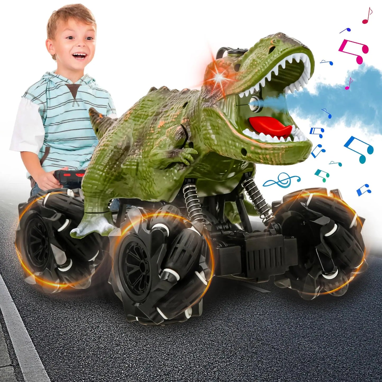 Dinosaur Rc Car With Dual Battery, Dinosaur Monster Trucks For Boys With Music Light SprayMist.Dinosaur Toys For Kids, Birthday