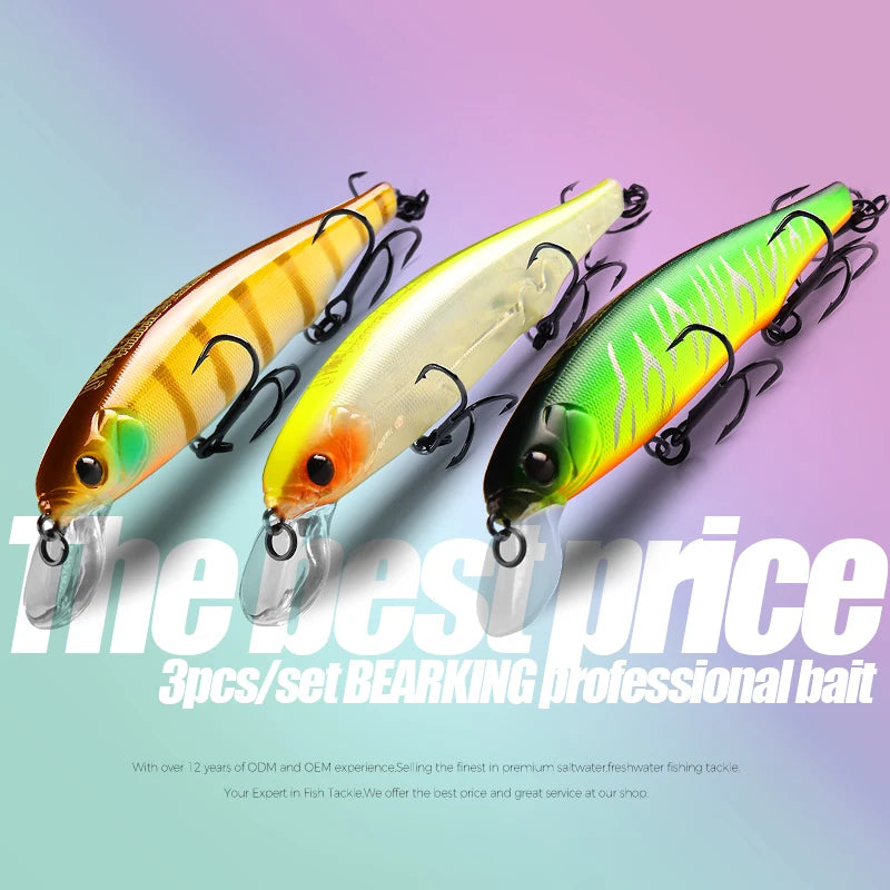 BEARKING best price 3pcs/set 11cm 15g dive 1.5m fishing gear shone lures minnow crank fixed weight wobbler bait isca artificial