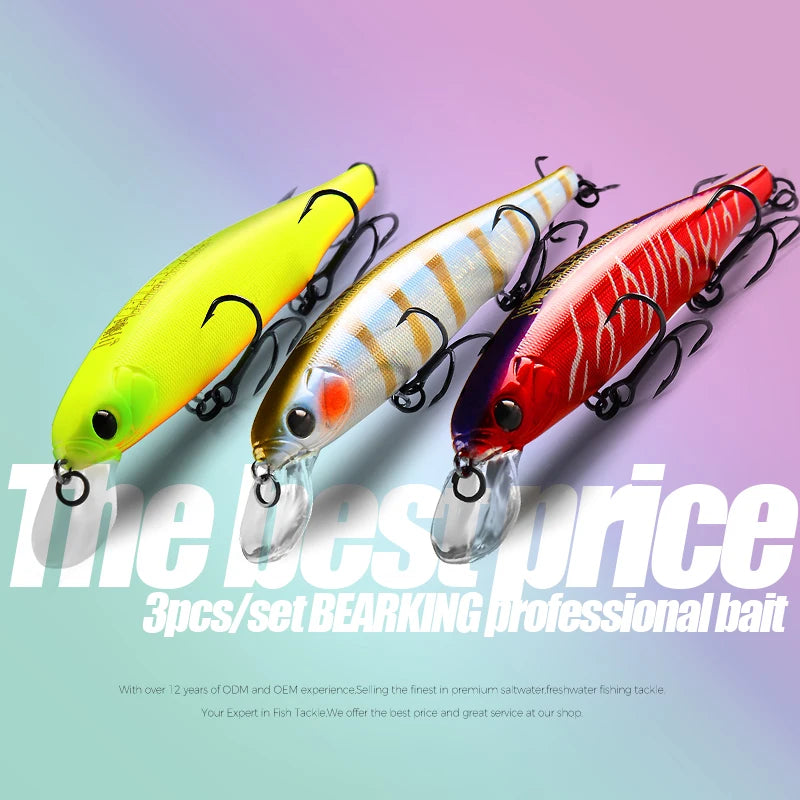 BEARKING best price 3pcs/set 11cm 15g dive 1.5m fishing gear shone lures minnow crank fixed weight wobbler bait isca artificial