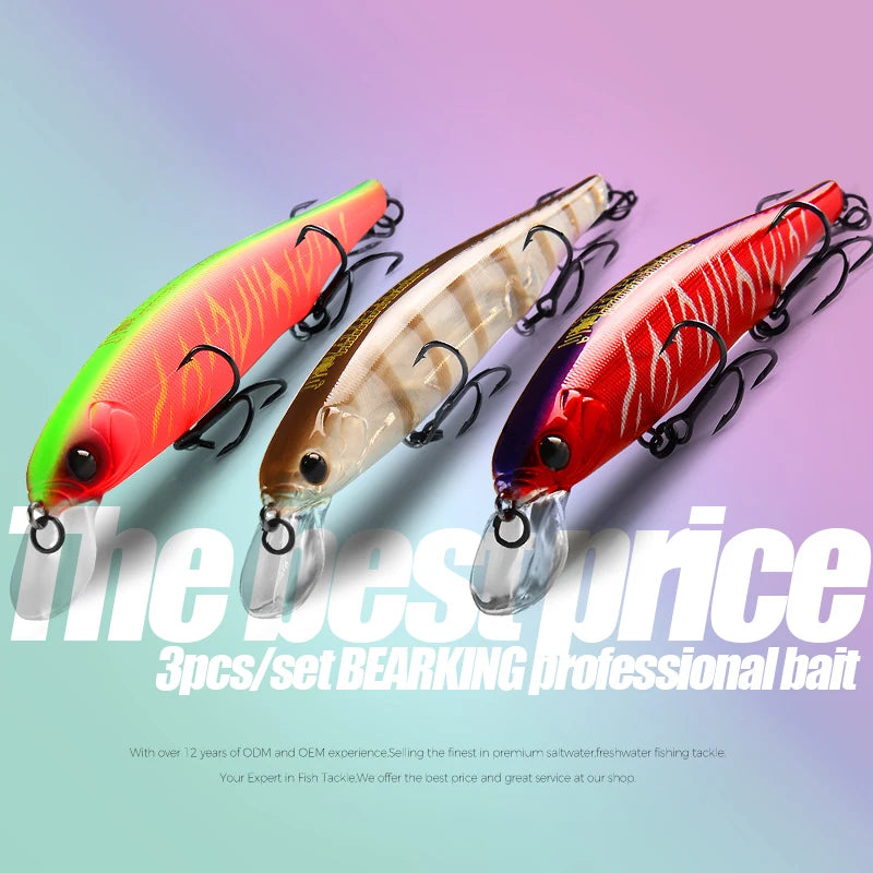 BEARKING best price 3pcs/set 11cm 15g dive 1.5m fishing gear shone lures minnow crank fixed weight wobbler bait isca artificial