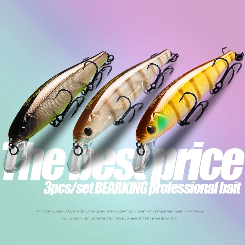 BEARKING best price 3pcs/set 11cm 15g dive 1.5m fishing gear shone lures minnow crank fixed weight wobbler bait isca artificial
