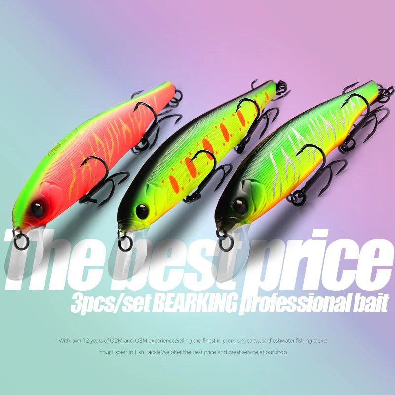 BEARKING best price 3pcs/set 11cm 15g dive 1.5m fishing gear shone lures minnow crank fixed weight wobbler bait isca artificial