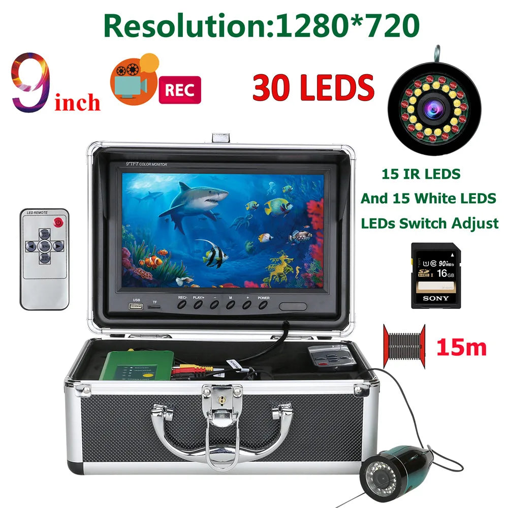 9 inch DVR Fish Finder Underwater Fishing 1080P Camera 16G HD 1280*720 Screen Double LEDs 15M 30M Camera For Ice Sea Fishing
