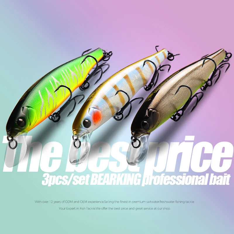 BEARKING best price 3pcs/set 11cm 15g dive 1.5m fishing gear shone lures minnow crank fixed weight wobbler bait isca artificial