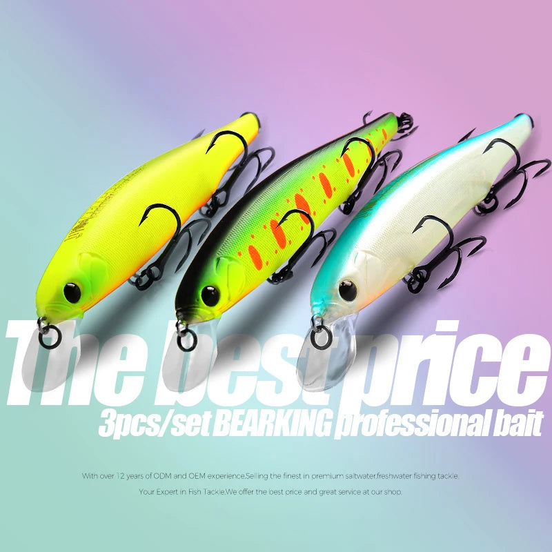 BEARKING best price 3pcs/set 11cm 15g dive 1.5m fishing gear shone lures minnow crank fixed weight wobbler bait isca artificial