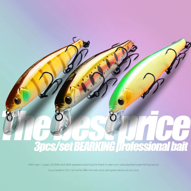BEARKING best price 3pcs/set 11cm 15g dive 1.5m fishing gear shone lures minnow crank fixed weight wobbler bait isca artificial