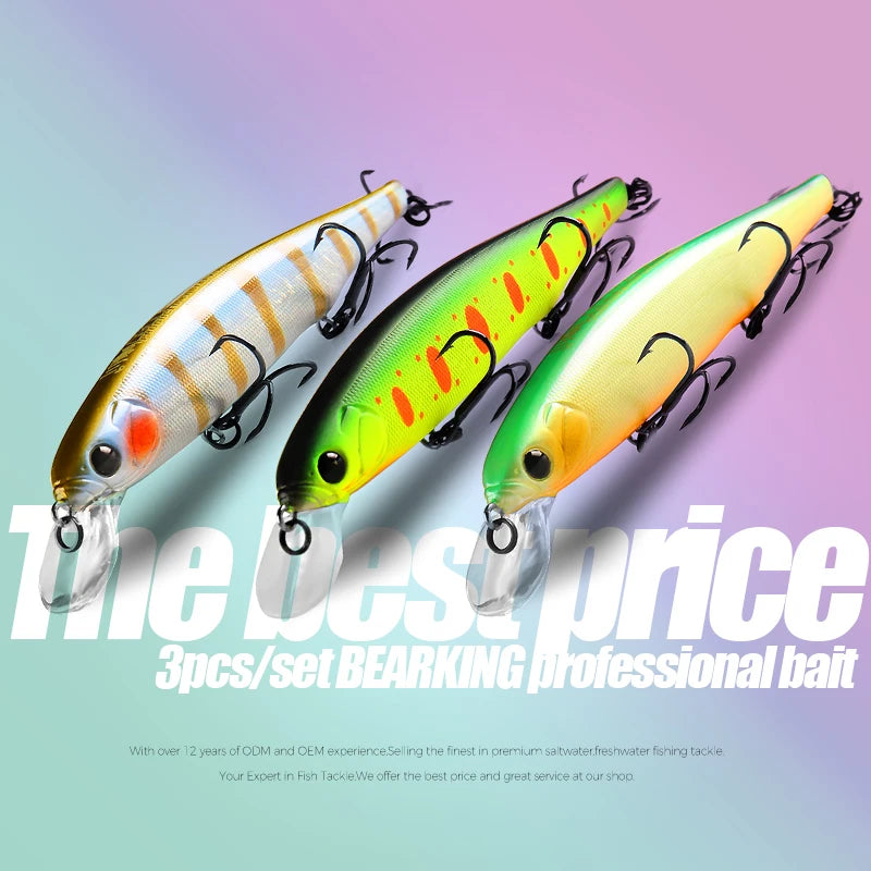 BEARKING best price 3pcs/set 11cm 15g dive 1.5m fishing gear shone lures minnow crank fixed weight wobbler bait isca artificial