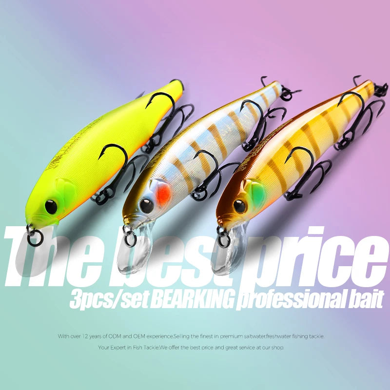 BEARKING best price 3pcs/set 11cm 15g dive 1.5m fishing gear shone lures minnow crank fixed weight wobbler bait isca artificial