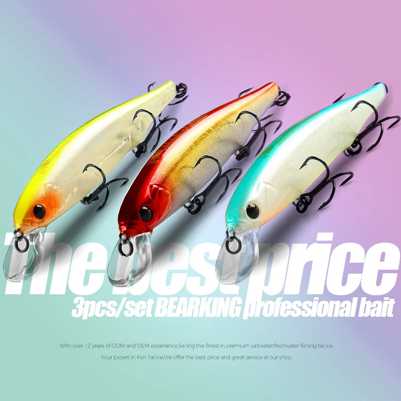 BEARKING best price 3pcs/set 11cm 15g dive 1.5m fishing gear shone lures minnow crank fixed weight wobbler bait isca artificial