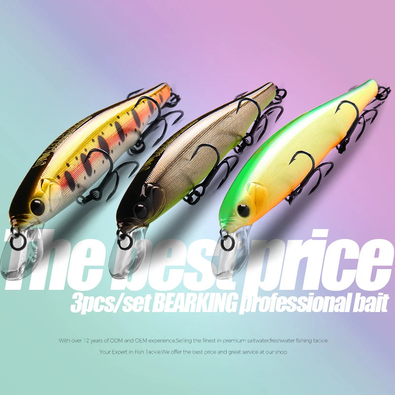 BEARKING best price 3pcs/set 11cm 15g dive 1.5m fishing gear shone lures minnow crank fixed weight wobbler bait isca artificial