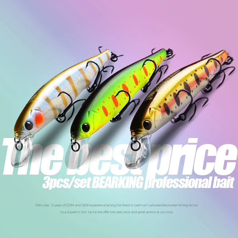 BEARKING best price 3pcs/set 11cm 15g dive 1.5m fishing gear shone lures minnow crank fixed weight wobbler bait isca artificial