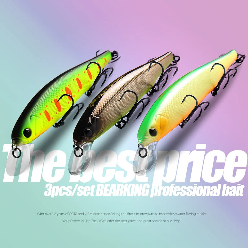 BEARKING best price 3pcs/set 11cm 15g dive 1.5m fishing gear shone lures minnow crank fixed weight wobbler bait isca artificial