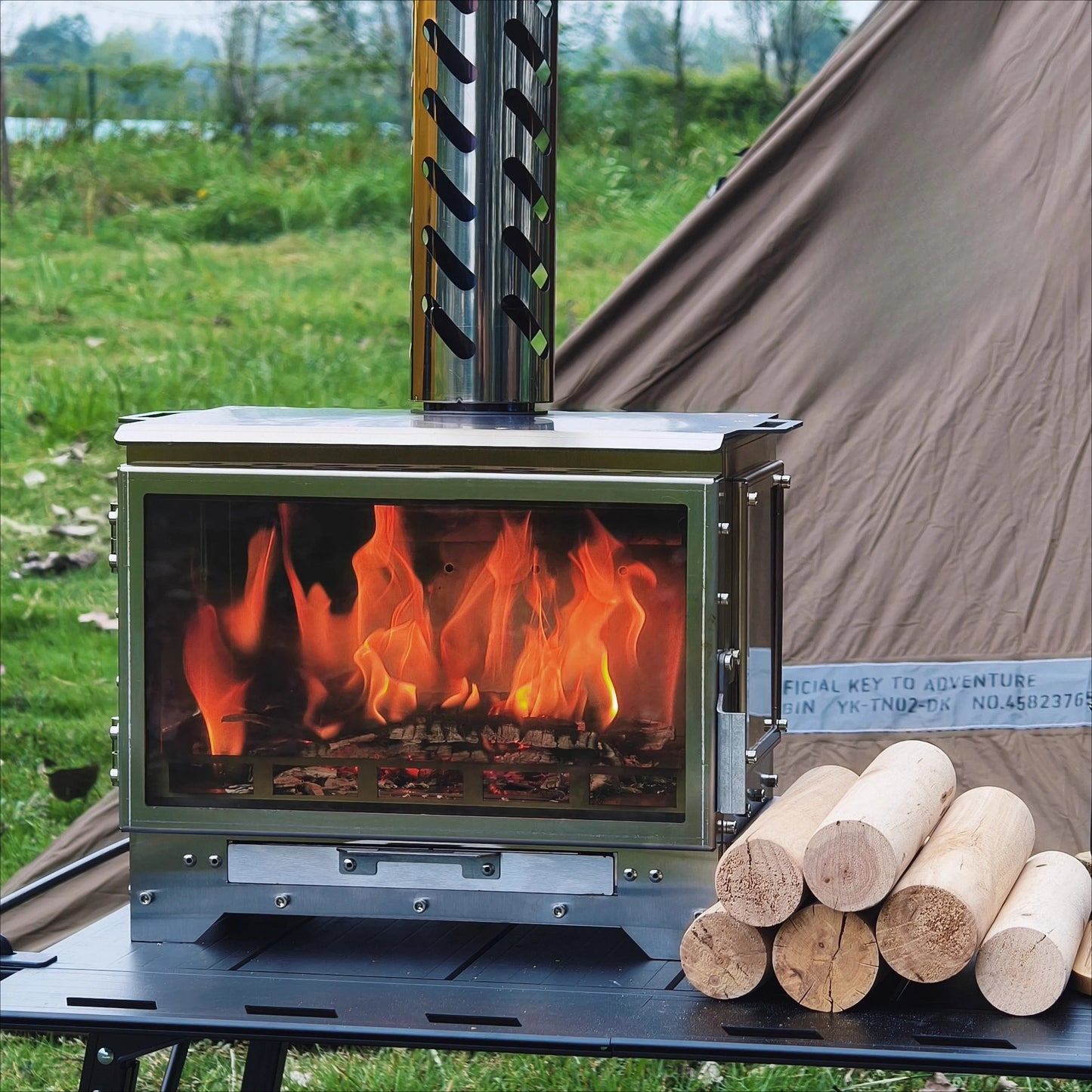 Outdoor Wood Stove Tent Heater Stainless Steel 3 Glass Fire Observation Fireplace Brazier Portable with Chimney Camping Furance