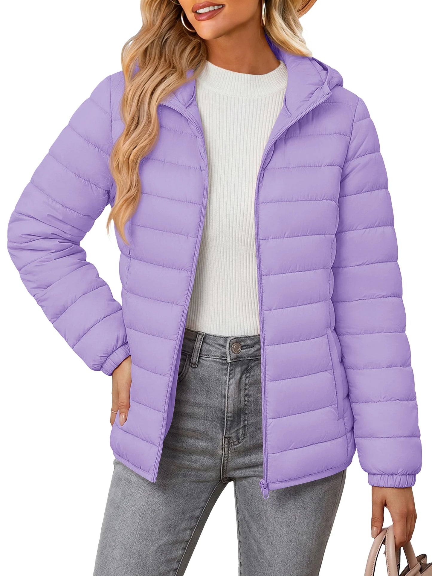 TACVASEN Warm Puffer Jackets Hooded Womens Full Zip Multi-pockets Quilted Jacket Winter Waterproof Camping Down Coat Lightweight