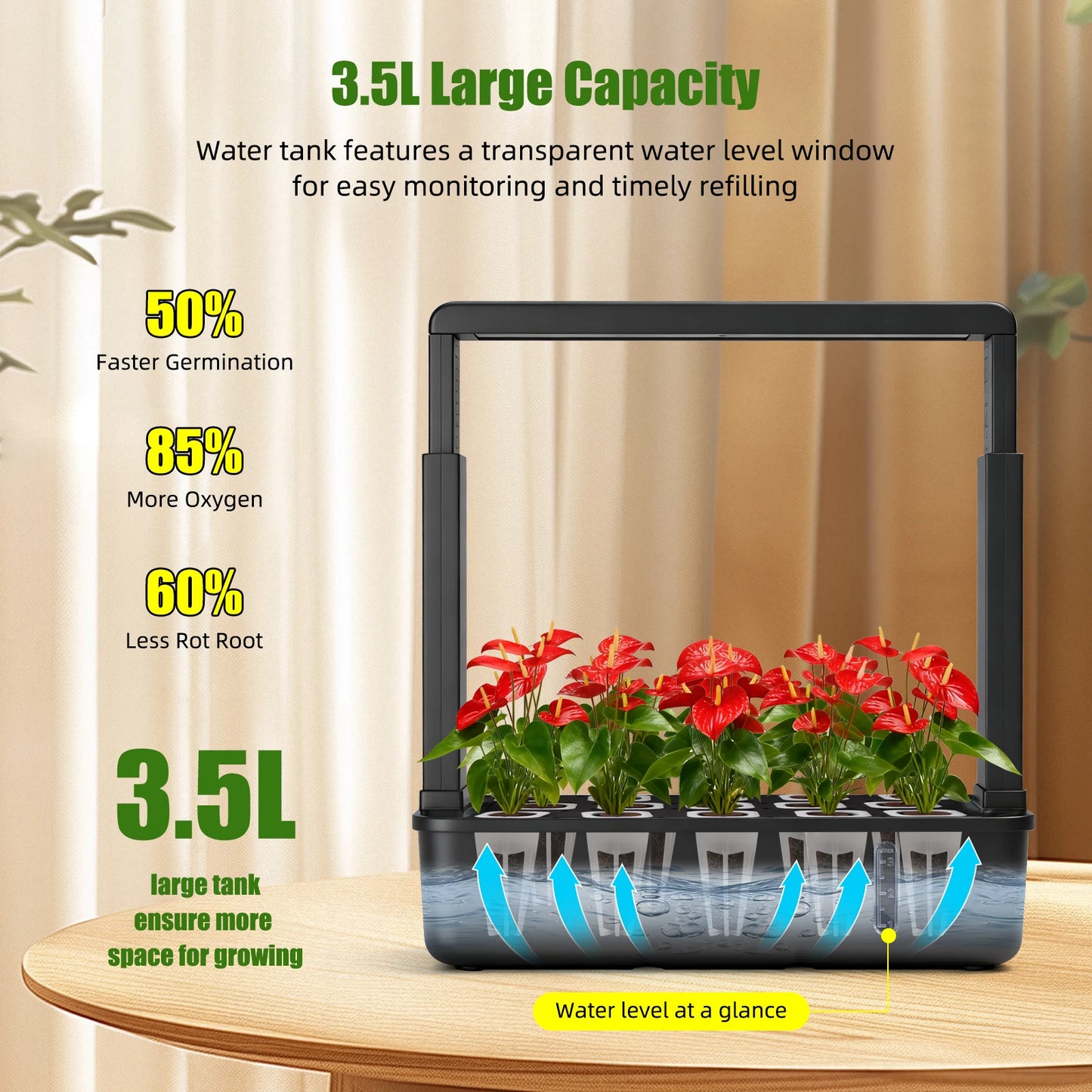 15-Pods Indoor Hydroponic Garden Kit with LED Grow Light Smart Herb Garden System 3.5L Water Tank Adjustable Height Planter