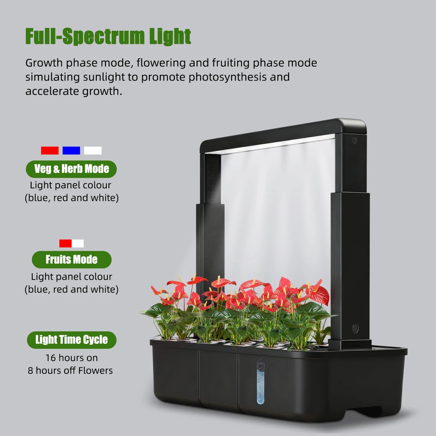 15-Pods Indoor Hydroponic Garden Kit with LED Grow Light Smart Herb Garden System 3.5L Water Tank Adjustable Height Planter