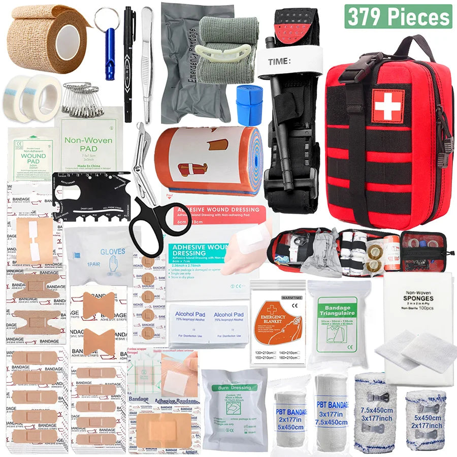 379pcs Home Office First Aid Kit Portable Emergency Bag, Red Survival Carry-On for Outdoor Activities, Camping, Hunting, Hiking