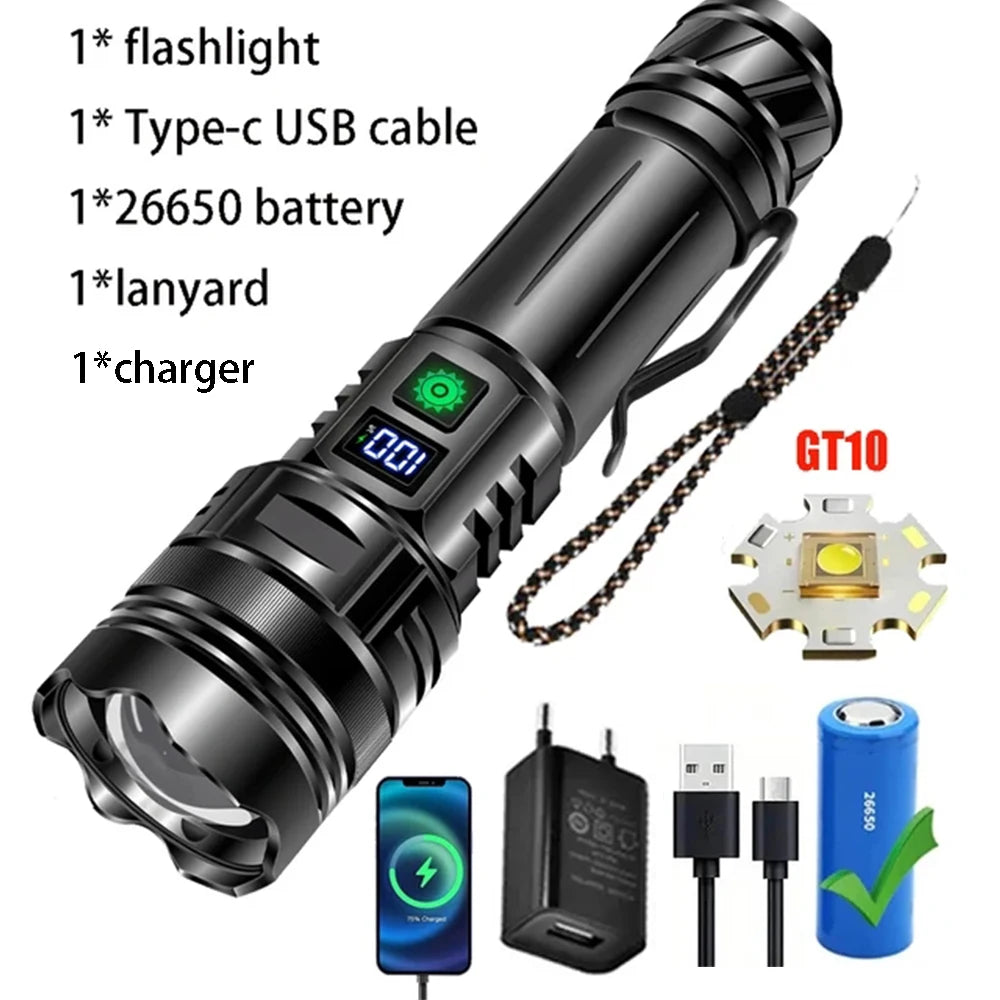 Most Powerful LED Flashlight Rechargeable Zoomable Camping Torch High Power Long Range Tactical Lantern Outdoor Emergency Lamp