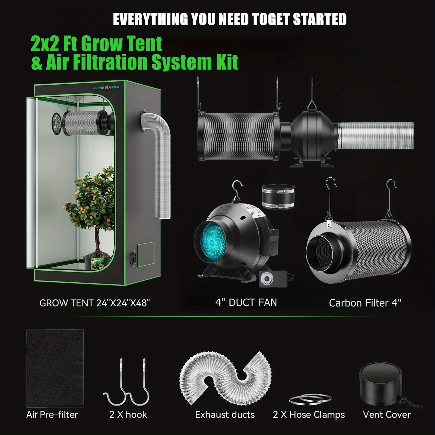ALPHAGROW Elite 2x2 Grow Suite: AG1000 LED, 6" 2-in-1 Ventilation, Grow Tent Package | 100W Dimmable Full Spectrum, Australian C