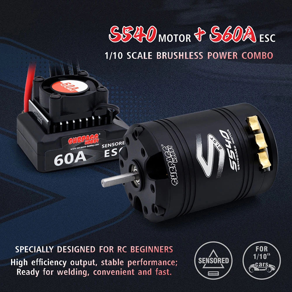 SURPASSHOBBY Brushless Motor ESC Combo Sensored S540 17.5T 21.5T Motor 60A Sensored ESC 32-bit 6V/3A BEC For 1/10 RC Cars