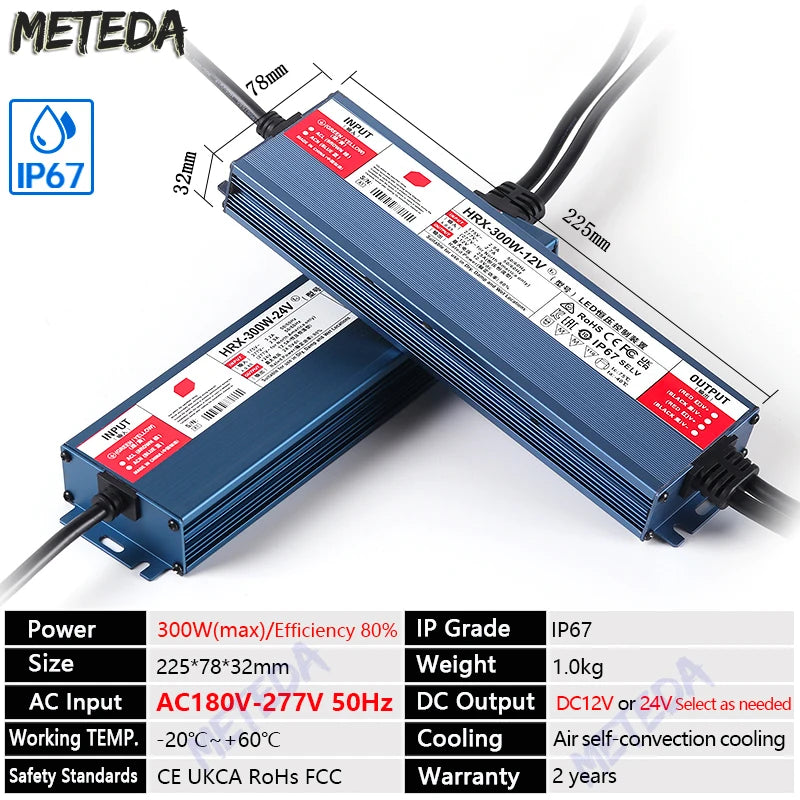 IP67 waterproof power supply DC 12V 24V LED outdoor lighting transformer LED driver 60W 100W 200W 300W 400W 500W 600W