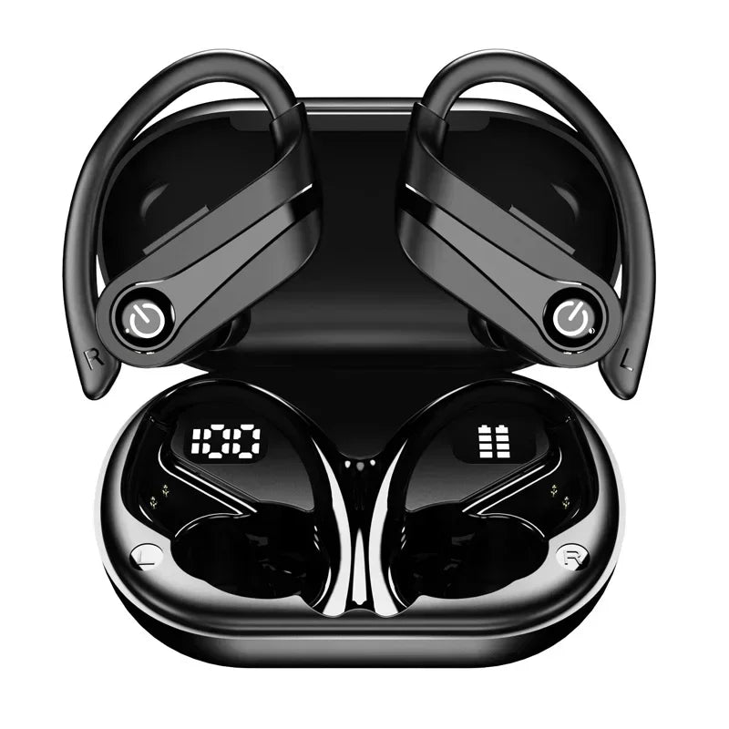 YYK Q63 Bluetooth 5.3 Wireless Earbuds with Mic IPX7 Waterproof 200H Earphones with Hooks for Sports Running Workout Gym