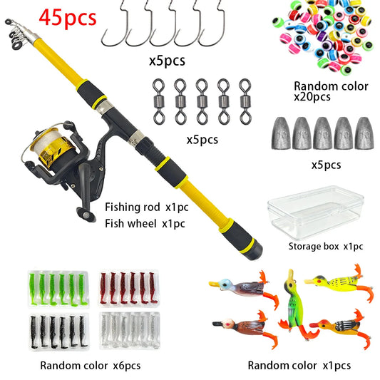 Portable Telescopic Fishing Rod Spinning Reel Full Kit 45Pcs Fishing Tackle Box with Duck Soft Lures Worm Baits Hooks Sinkers Sw