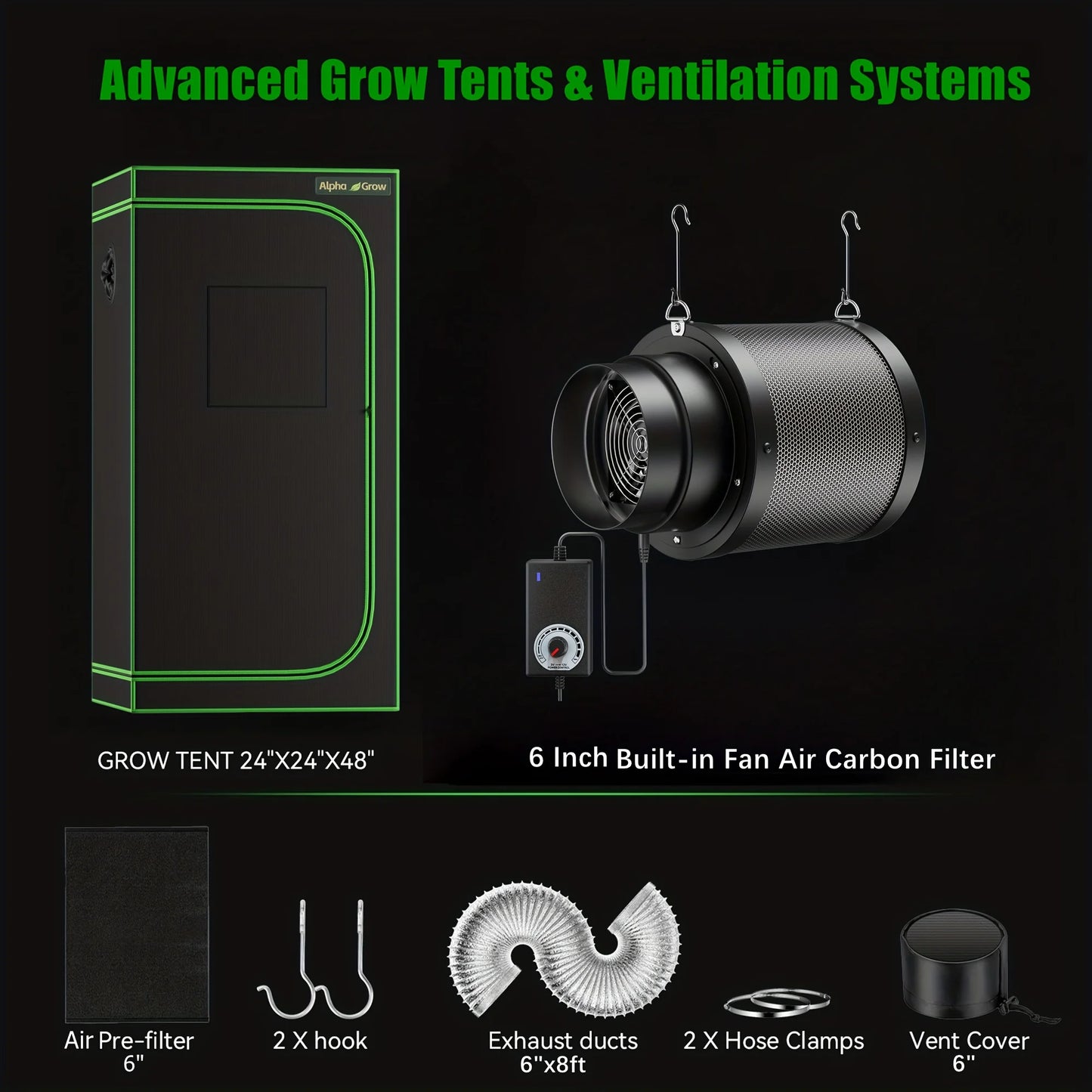 ALPHAGROW Elite 2x2 Grow Suite: AG1000 LED, 6" 2-in-1 Ventilation, Grow Tent Package | 100W Dimmable Full Spectrum, Australian C