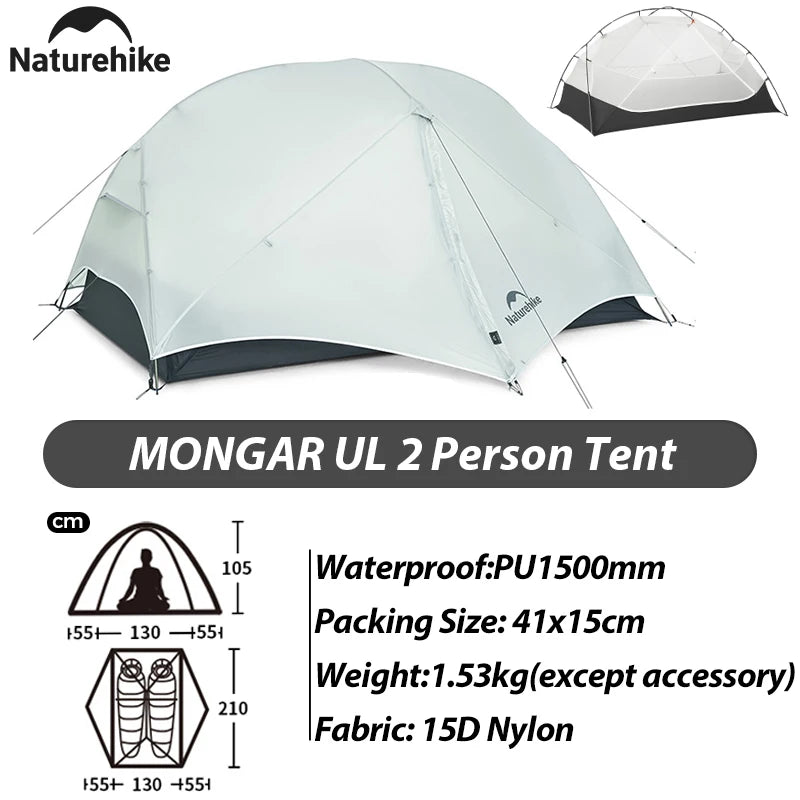 Naturehike Mongar Pro 123 Ultralight Three Season Outdoor Waterproof 20D Nylon Hiking Tent 2 Person Rucksack Camping Riding Tent