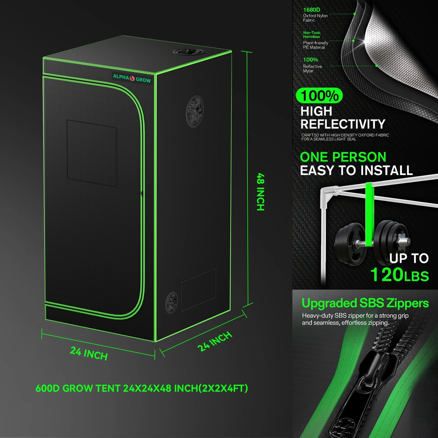 ALPHAGROW Elite 2x2 Grow Suite: AG1000 LED, 6" 2-in-1 Ventilation, Grow Tent Package | 100W Dimmable Full Spectrum, Australian C