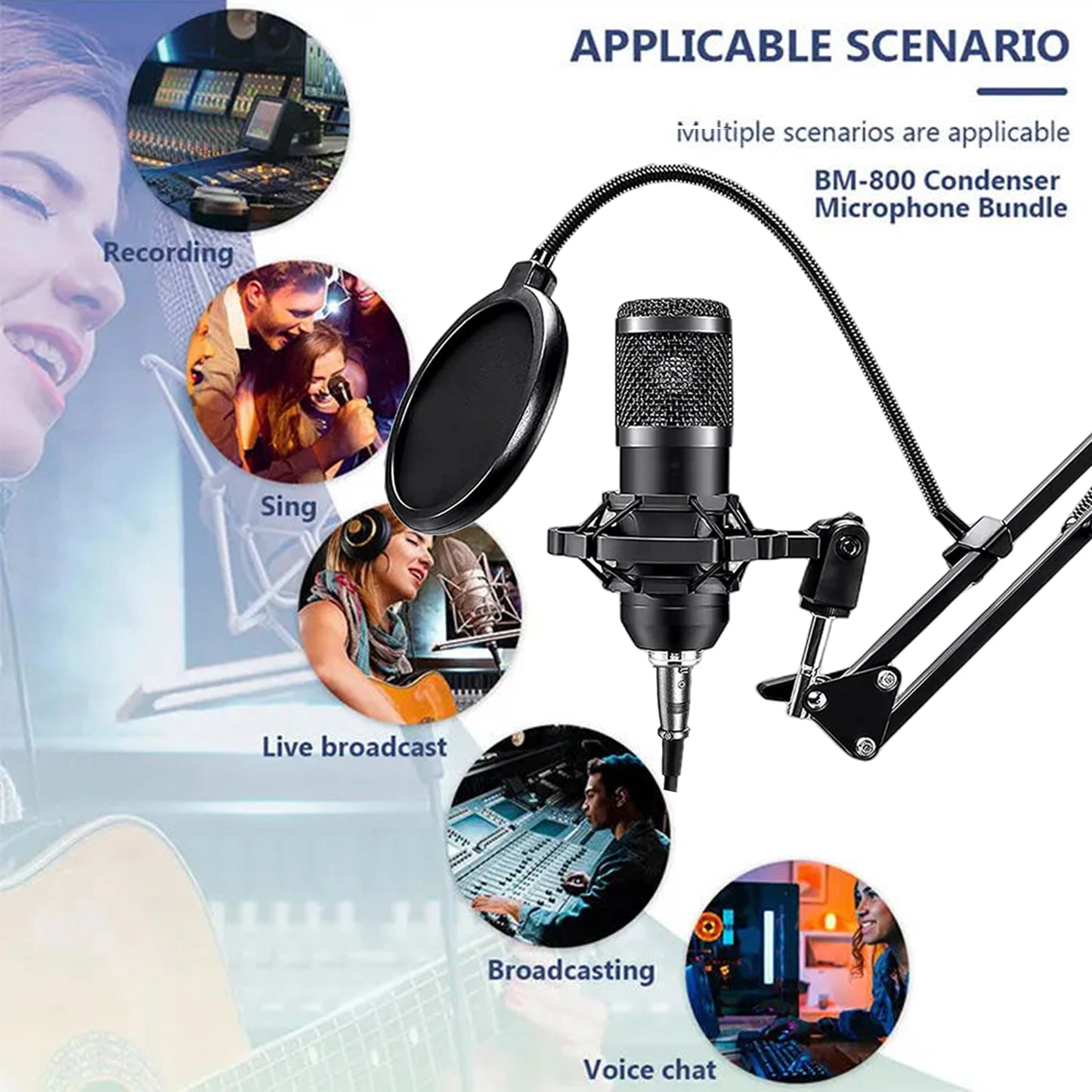 All-in-One Podcast Equipment Bundle Audio Mixer V8K Live Sound Card with BM800 Microphone for Podcasting Gaming Music Recording