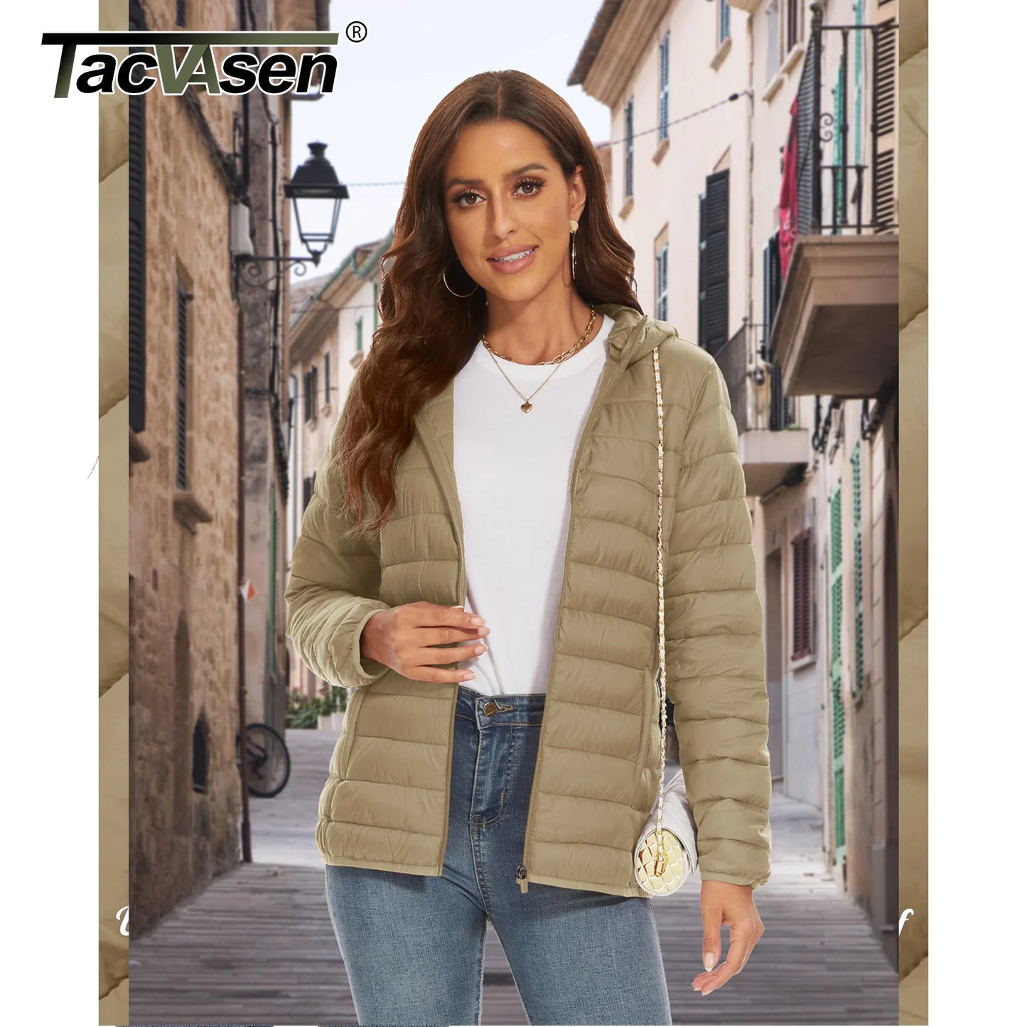TACVASEN Warm Puffer Jackets Hooded Womens Full Zip Multi-pockets Quilted Jacket Winter Waterproof Camping Down Coat Lightweight