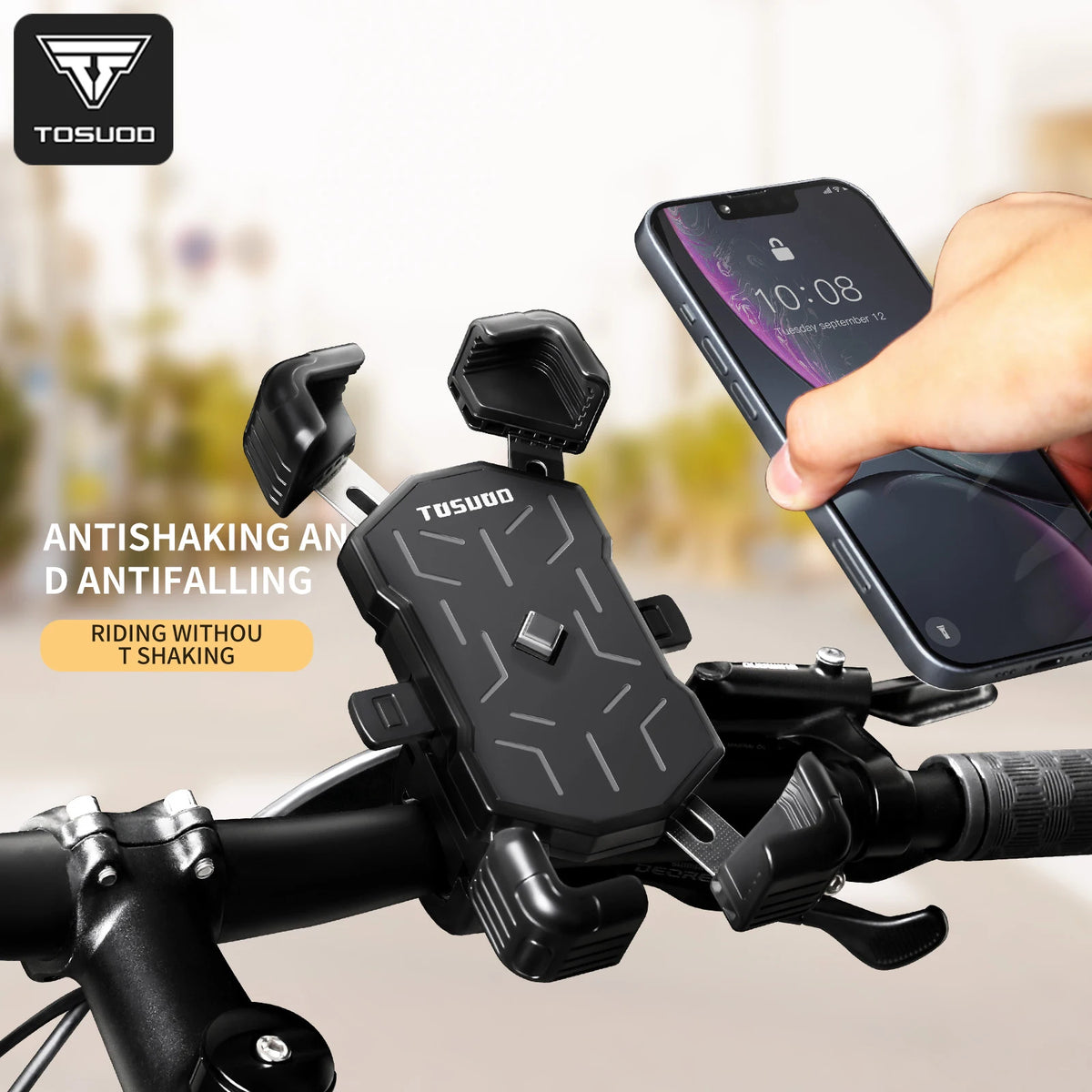 TOSUOD Bike Handlebar Phone Holder Automatic Locking One-Button Opening And Closing Bicycle Mobile Phone Stand