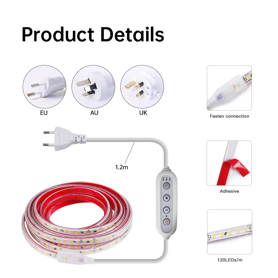 220V Led Strip 2835SMD Adhesive Tape With Dimmer Timing Switch EU/UK Plug 120LEDs/M IP67 Waterproof Indoor Outdoor Lighting
