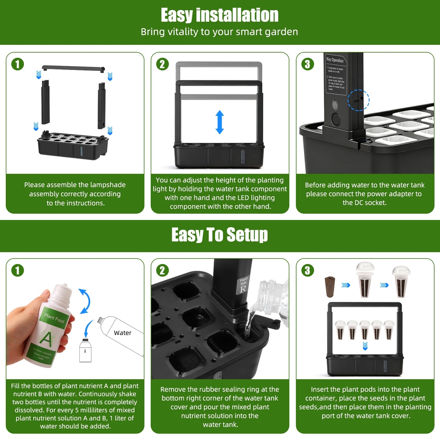 15-Pods Indoor Hydroponic Garden Kit with LED Grow Light Smart Herb Garden System 3.5L Water Tank Adjustable Height Planter